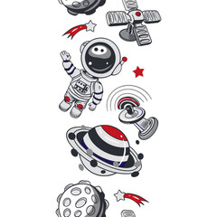 Cosmonauts, planets, stars seamless border. Hand drawn vector illustration. For Cosmonautics Day cards, invitations, large banners, posters, covers, wallpapers for childrens room, stickers.