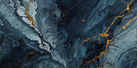 Abstract blue marble texture with gold splashes, blue luxury background. Modern abstract oil painting art design. Orange, gold, blue, rough indigo blue marble background.