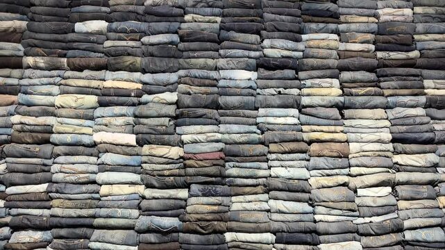 Huge creatively folded stack of colorful jeans in denim clothing store, denim background
