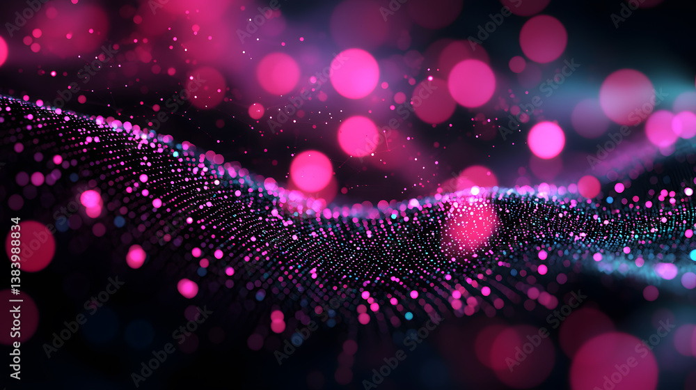 Poster glowing digital particles flowing through abstract waves virtual space digital art dark environment 