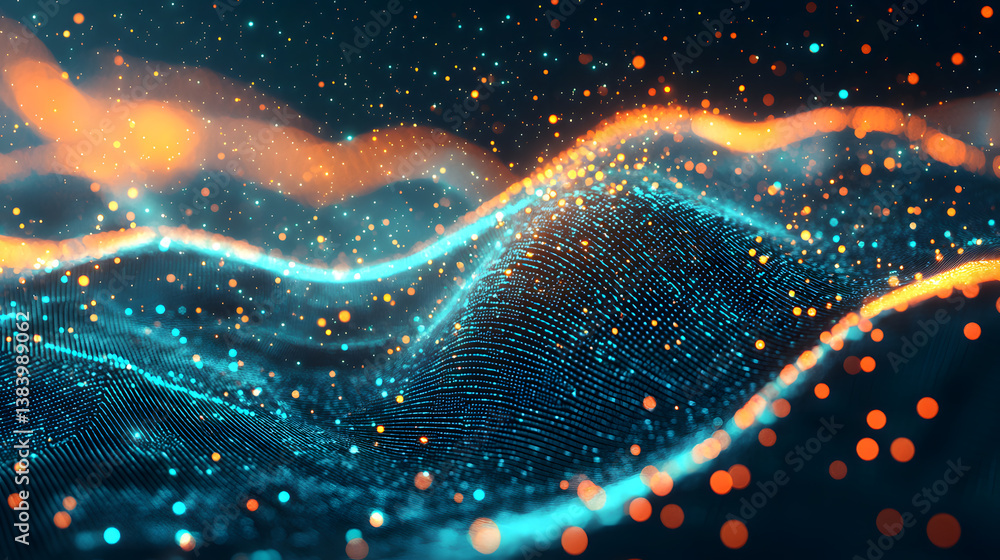 Poster dynamic abstract data flow with glowing digital particles virtual space 3d visualization futuristic 