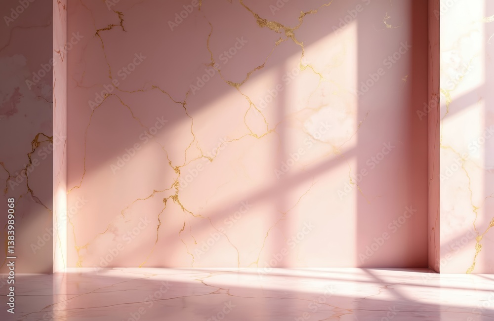 Poster empty pink marble room with golden cracks. minimalist backdrop for product display. sunlight casts s