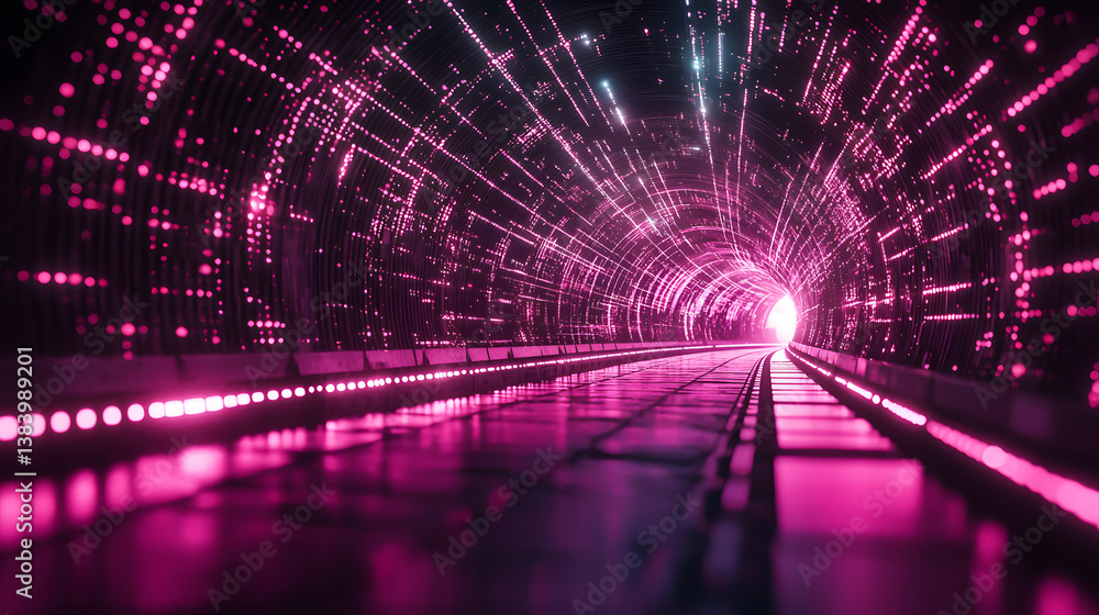 Poster dynamic digital particles flowing through an abstract tunnel cybernetic landscape visual art neon en