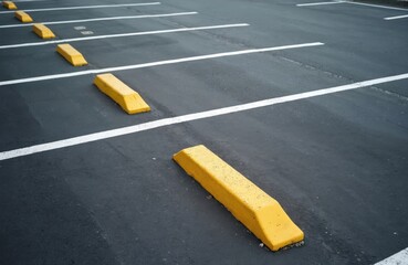Empty parking lot with yellow parking stops. Asphalt, white painted lines mark spots. Safety outdoors. Transportation, vehicle storage, urban infrastructure, space for car.