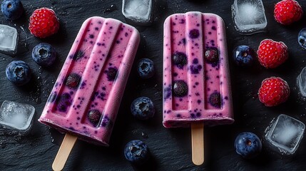 Two blueberry flavored popsicle icy texture lying dark slate background frozen berry ice cube around soft mist rising elegant moody lighting hyperrealistic macro detail perfect depth of field ultra