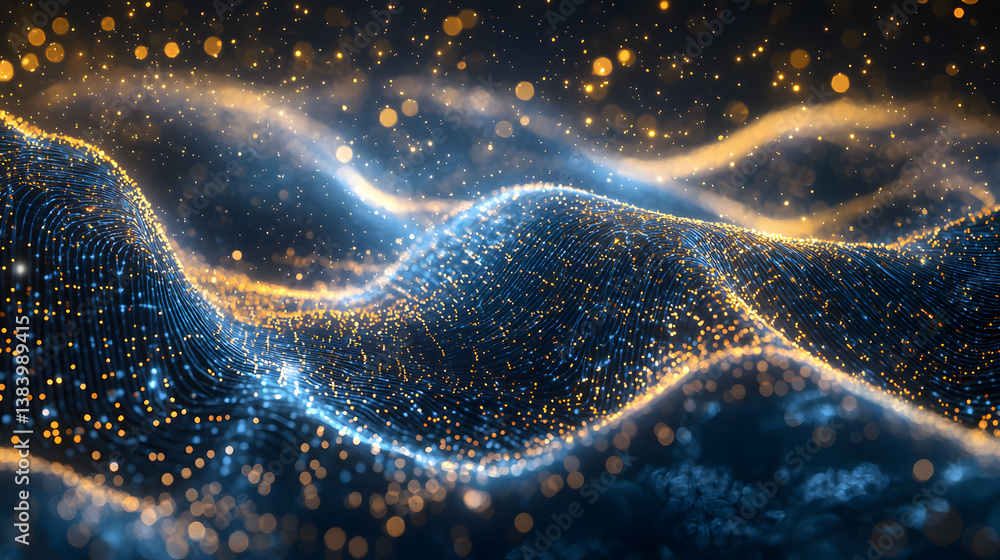 Poster digital particles flowing through abstract waves virtual environment visual content conceptual art i
