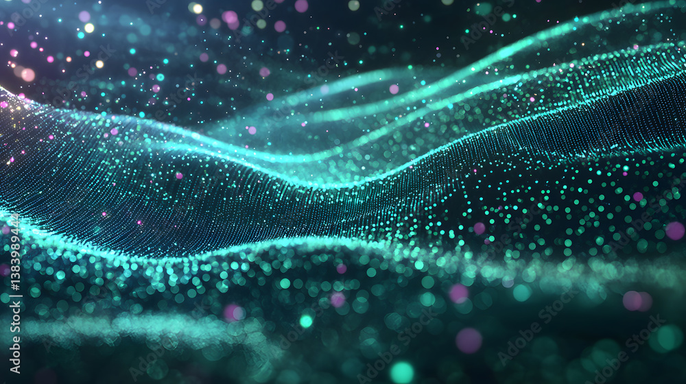 Poster abstract data flow and glowing digital particles virtual environment animation futuristic concept cl