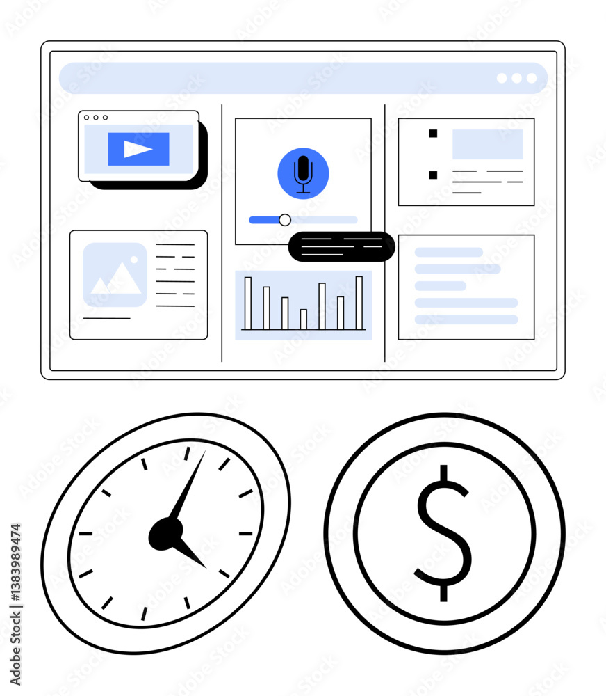 Aufkleber web dashboard with voice command, analytics, and content, accompanied by clock and dollar symbols. i
