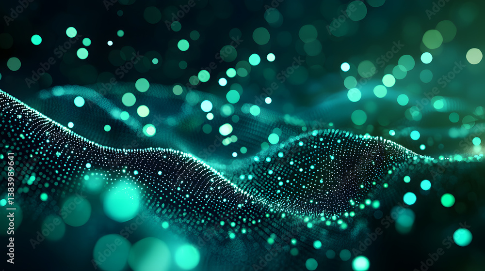 Poster abstract data flow and glowing digital particles visualization virtual environment 3d animation high