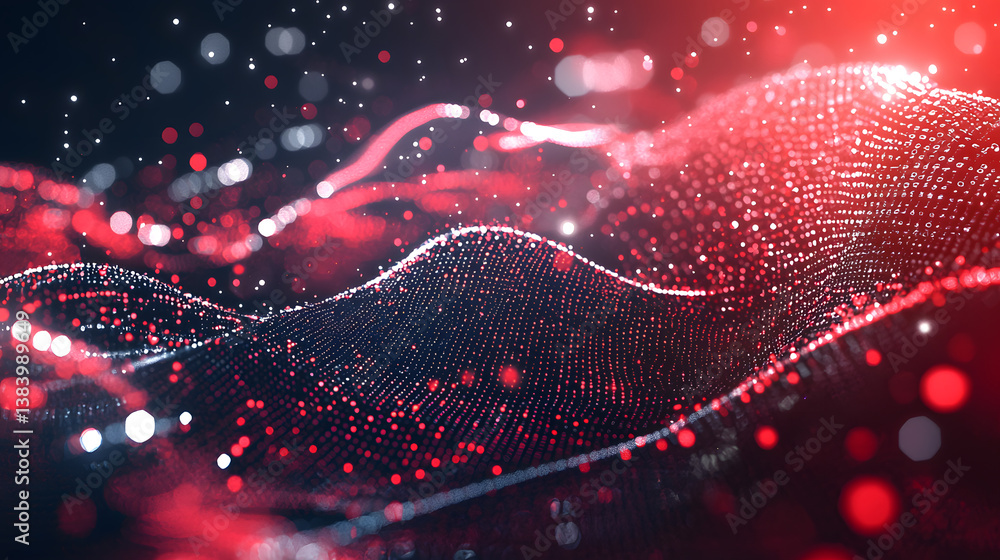 Poster dynamic abstract data flow and glowing digital particles virtual space visual representation futuris