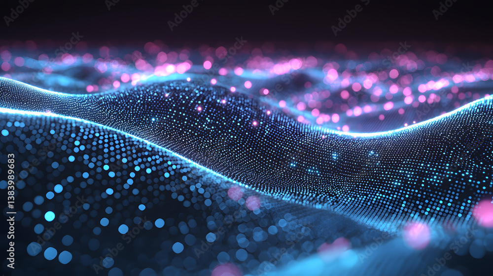 Poster digital particles flowing abstractly through vibrant waves virtual space 3d visualization futuristic