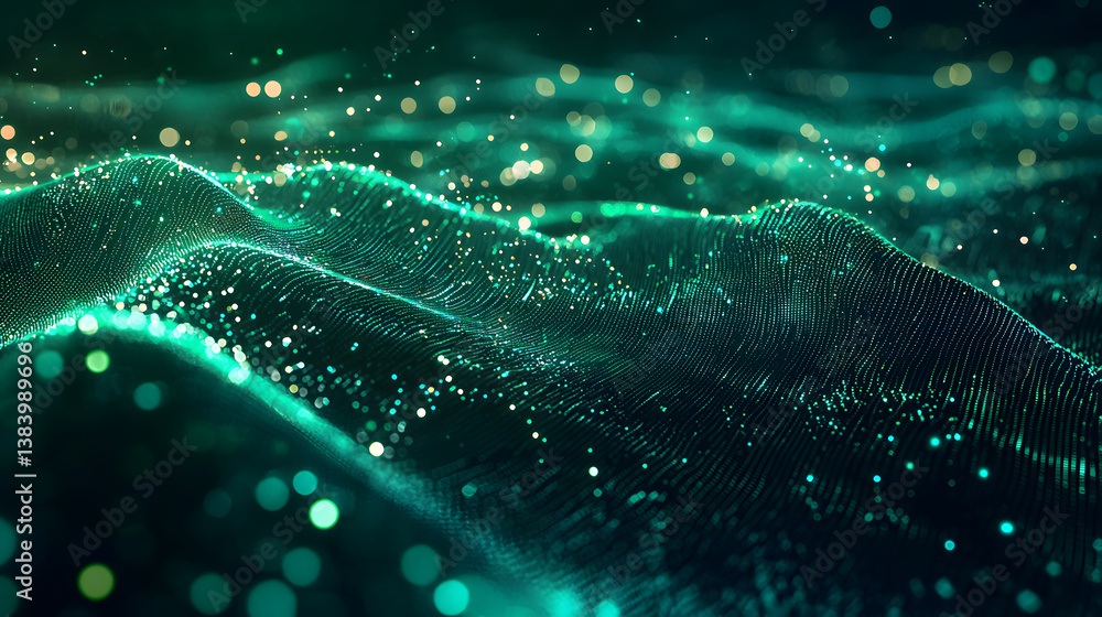 Poster glowing digital particles flowing through abstract data waves virtual space 3d animation immersive e