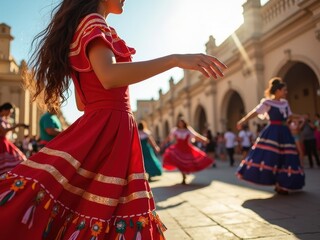 Naklejka premium A dancer in a bright, embroidered Mexican dress twirls joyfully in sunlight, showcasing elaborate patterns while celebrating at a vibrant festival.
