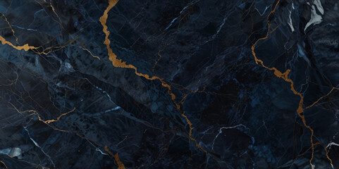 Abstract blue marble texture with gold splashes, blue luxury background. Modern abstract oil painting art design. Orange, gold, blue, rough indigo blue marble background.