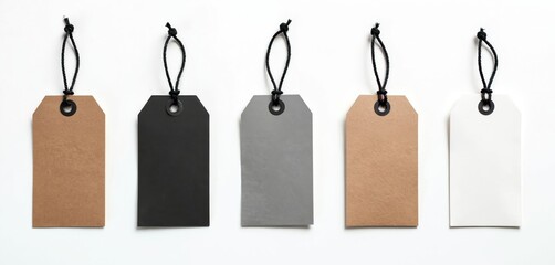 Set carton paper label tags different colors white, beige, brown, gray, black. Black string cord knot. Blank labels for sale, retail, price tags. Isolated on white background. Ready for adding text