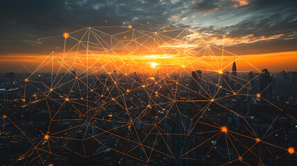 Augmented reality visualization in urban landscapes city skyline digital art evening light aerial perspective