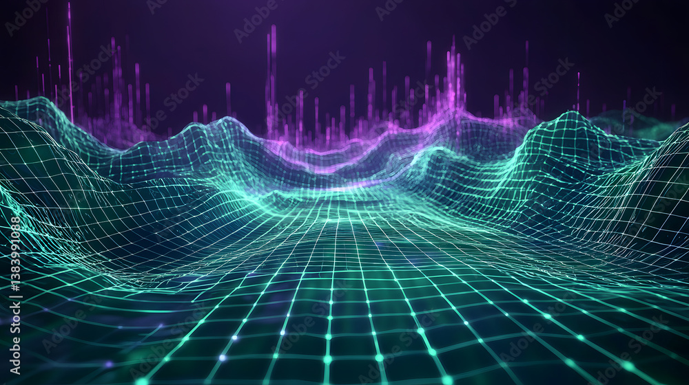 Poster augmented reality visualized without devices digital landscape abstract waves futuristic environment