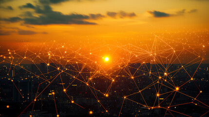 Augmented reality visualization of urban connectivity at sunset digital art cityscape futuristic elevated viewpoint