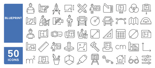 Set of 50 line icons related to blueprint, plan, design, architecture, draft, project, print, plot, engineering drawing, Editable stroke. Vector illustration