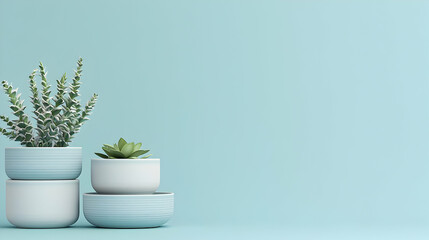 Light Blue Background With Plants In White And Light Blue Planters