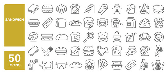 Set of 50 line icons related to sandwich, snack, meal, bread, fast food, eat break, takeaway, handmade sandwiches, Editable stroke. Vector illustration