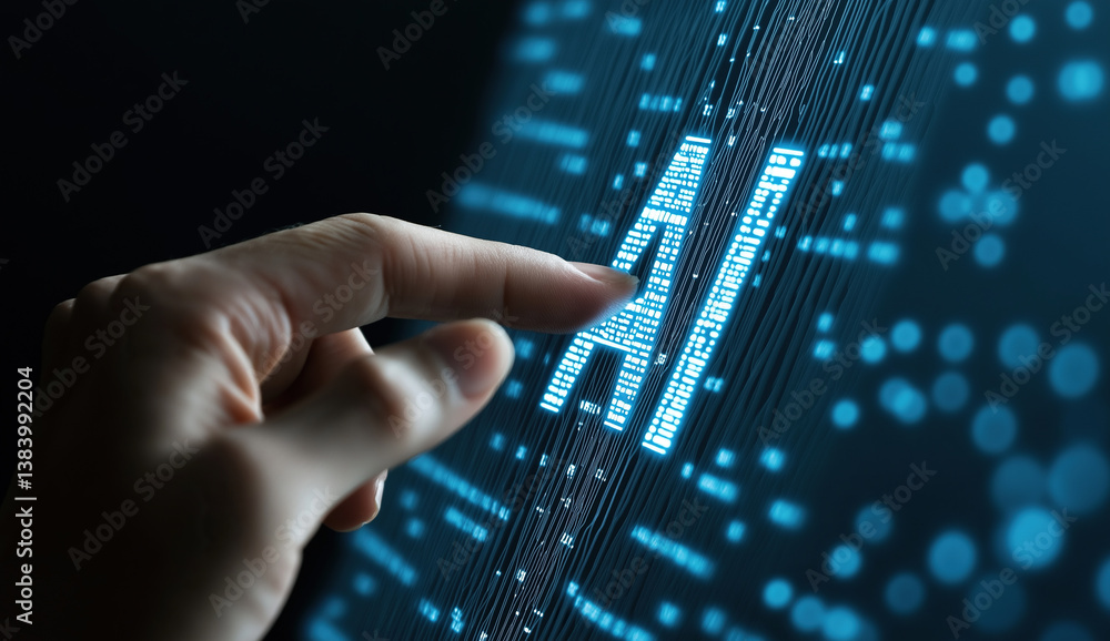 Poster finger touching digital screen with data visualization