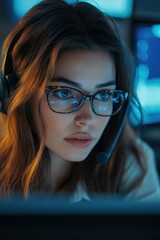 Operator in headset, focused on computer screen during call, providing customer support or technical assistance.