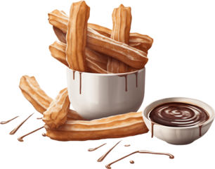 Golden churros in white ceramic mug with chocolate sauce and dripping chocolate decoration