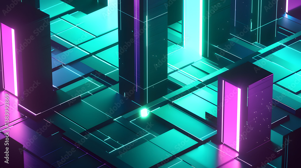 Poster blockchain cybersecurity and encryption visualization digital environment graphic design futuristic 