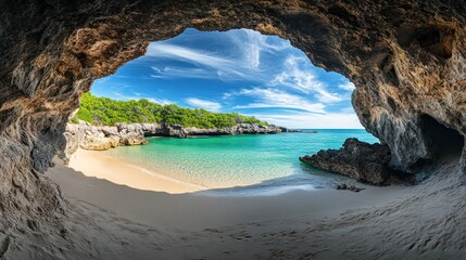 Fototapeta premium Secluded cove beach seen from cave, turquoise water, sunny day, travel