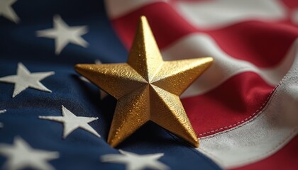 Gold star on American flag. Patriotic symbol for Mothers Day celebration honoring sacrifices in war. Gold star emblem patriotic symbol. Tribute to military families.