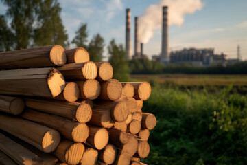Stacked lumber contrasts with distant industrial plant and smokestacks in an environmental statement, illustrating industry next to rural landscape.
