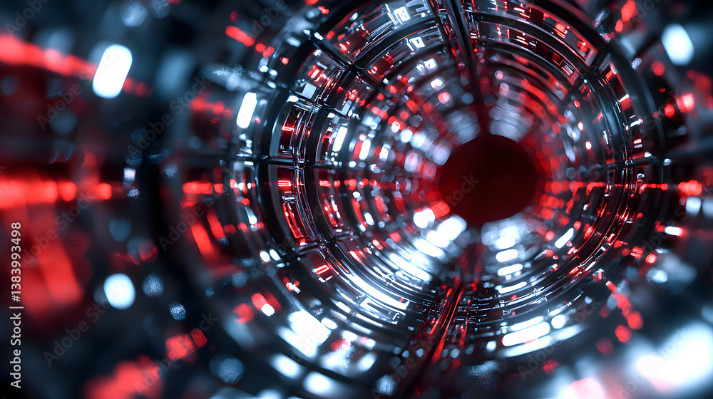Poster visualizing blockchain cybersecurity and encryption in a futuristic digital tunnel technology enviro