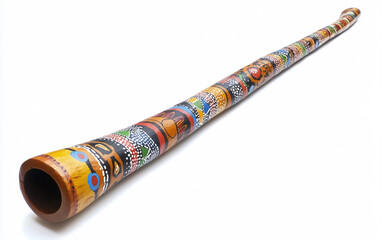 Handcrafted Didgeridoo Featuring Vibrant Aboriginal Artwork Isolated On White Background.