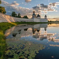 Fototapeta premium Pskov Kremlin view, sunny July.
