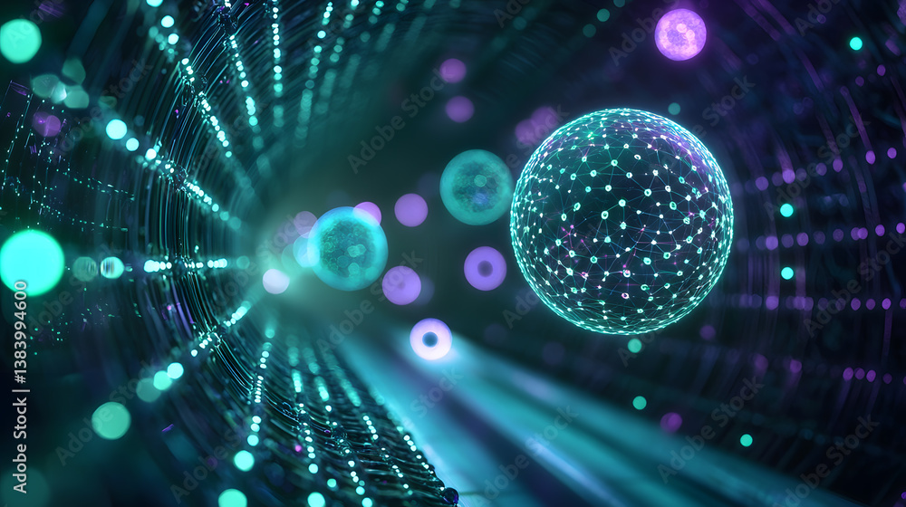 Poster exploring blockchain cybersecurity and encryption visualized in a futuristic digital environment