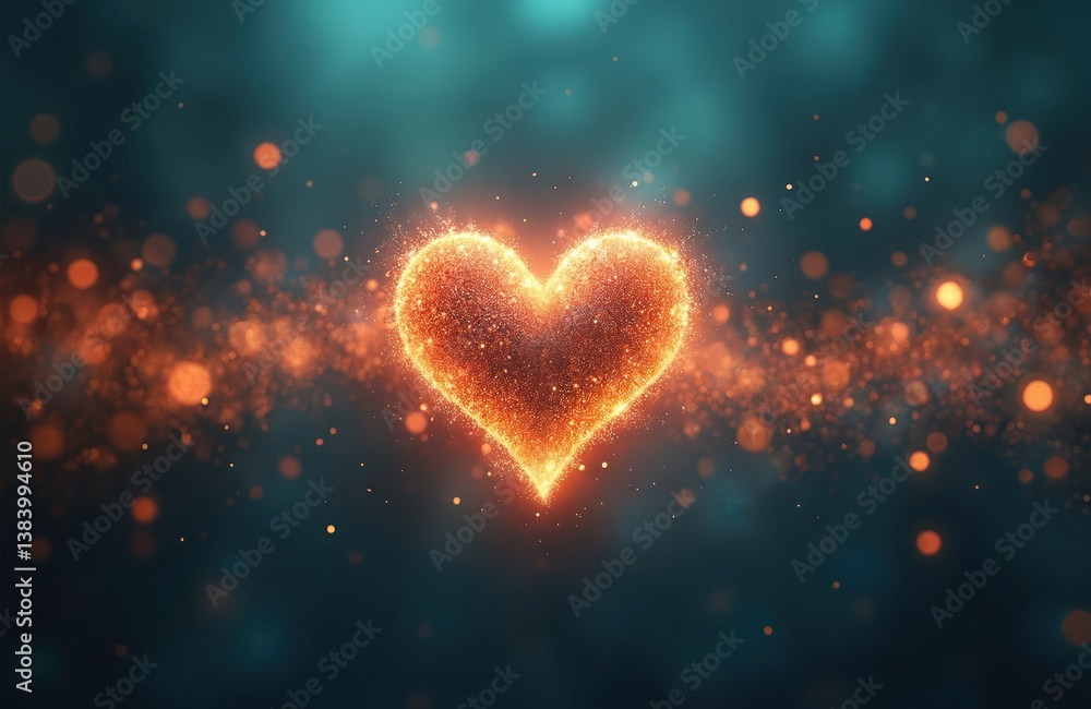 Poster glowing heart shape symbol with abstract background. gold dust sparkle in the air. romantic design, 