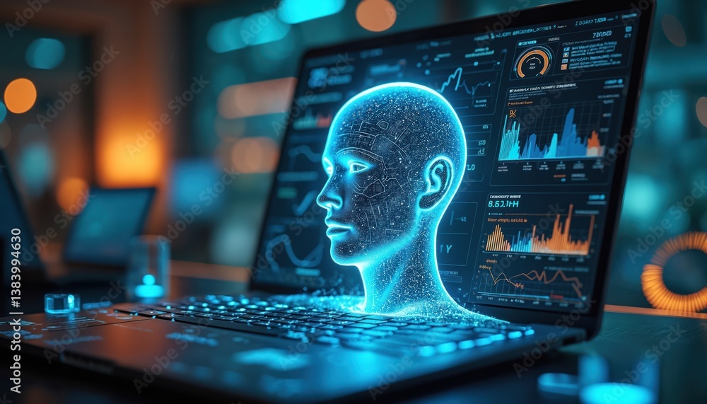 Poster modern tech customer support concept with ai human head shape on laptop screen. digital data, networ