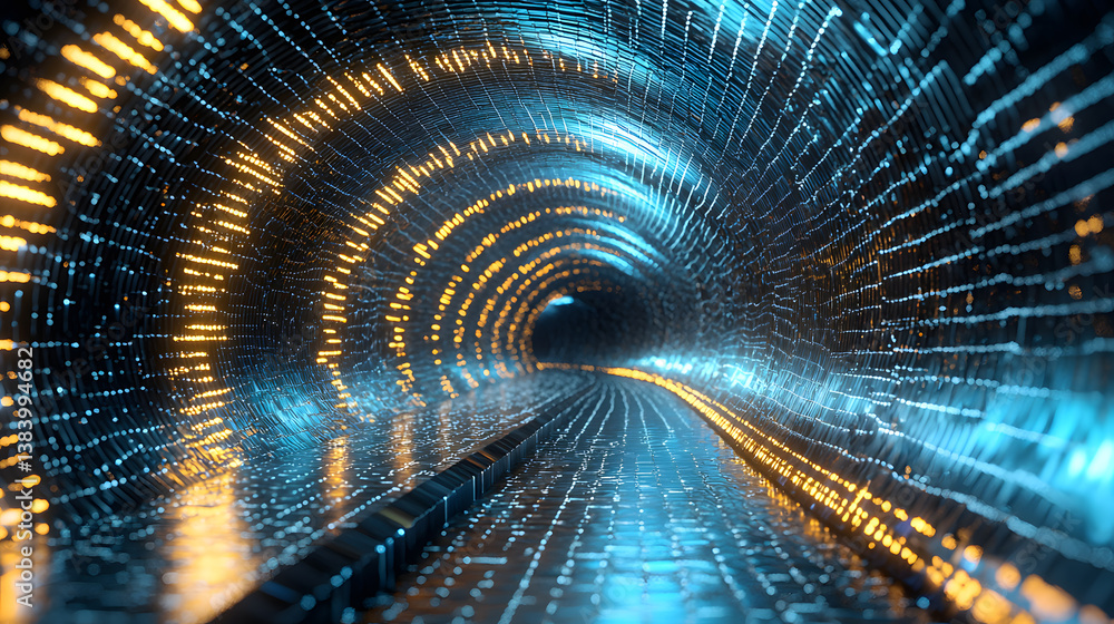 Poster visualizing blockchain cybersecurity and encryption in a futuristic tunnel digital art high-tech env