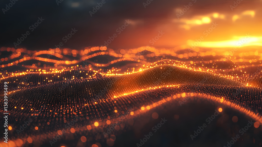 Poster visualizing cloud computing and decentralized systems in a digital landscape at sunset abstract art 