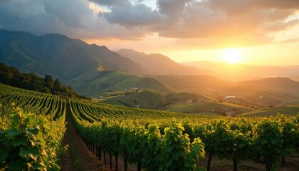 Fototapeta premium Sunset over vineyards in mountains. Beautiful landscape with rows of grape vines, green hills, golden light. Sky with clouds, rural countryside, scenic nature, dramatic sunrise, travel tourism, wine