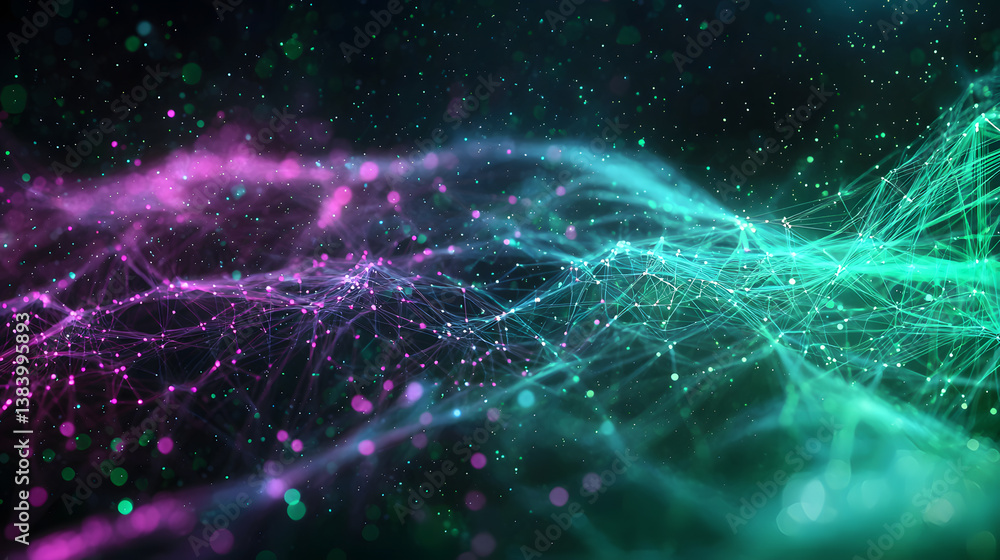 Poster visualizing cloud computing and decentralized systems an abstract digital landscape of connectivity