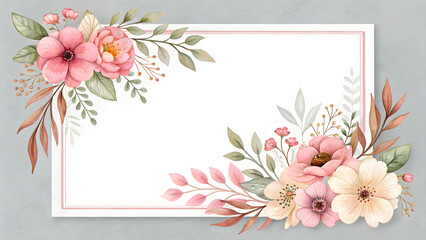 Floral frame, watercolor flowers, pastel pink and peach blooms, delicate foliage, rectangular border, soft green background,