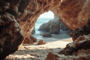 A picturesque scene of a rocky coastline with an archway that forms a sheltered cove. The image captures the natural beauty and tranquility of Shelter Cove, which is known for its unique rock