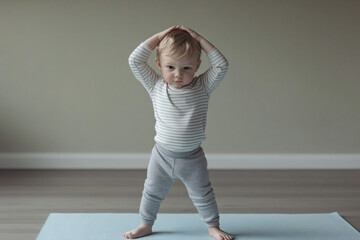 toddler doing stretching exercises on yoga mat indoors, young child practicing movement in natural light, home fitness and healthy lifestyle for children
