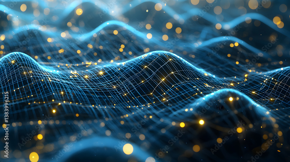 Poster visualizing cloud computing and decentralized systems digital landscape technology abstract futurist