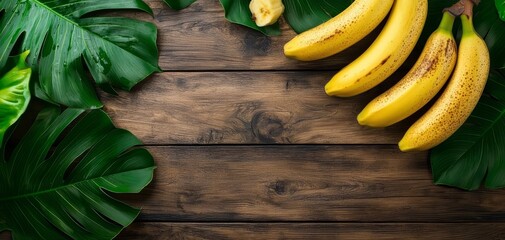 Fresh Yellow Bananas Surrounded by Tropical Green Leaves on Wood