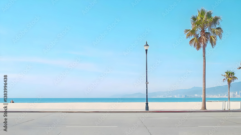 Poster Empty Beach Scene With Palm Trees And Ocean View