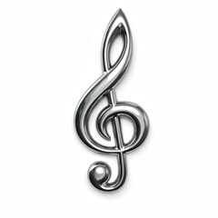 Silver metallic treble clef isolated on white background. Music symbol 3D render. Glossy, chrome musical icon for song, melody, vocal. Design element for music tech, art, studio.