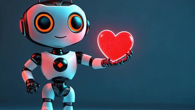 Cute robot holding red heart with glowing light showing love kindness and friendly artificial character
